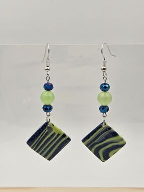 #B518- Handcrafted Green and Navy Swirl Dangle Earrings for Women